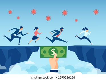 Vector of a helping hand with dollar bill bridging economy gap during coronavirus pandemic, assisting business people to overcome financial difficulties 