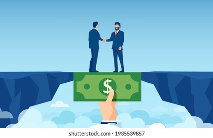 Vector of a helping hand with dollar bill bridging economy gap assisting business people to overcome financial difficulties