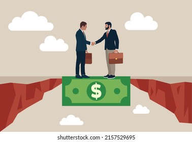 Vector of a helping hand with dollar bill bridging economy gap assisting business people to overcome financial difficulties.