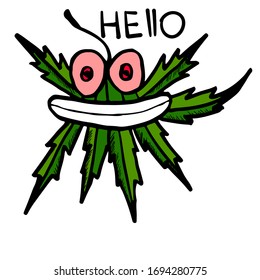 Vector hemp greeting sticker. Marijuana smiles and says "hello". Cute and cheerful character for print and stickers. The emotion of friendliness. Stock image on a white background.