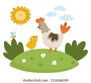 Gallina vectora con pollo bebé en el césped bajo el sol. Cuta caricatura de la imagen de la familia para los niños. Aves de granja en el fondo de la naturaleza. Imágenes de madres y bebés coloridas para los niños
