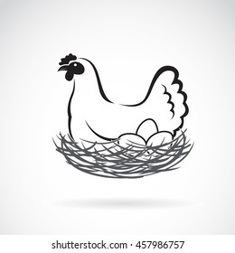 Vector of hen laying eggs in its nest on white background.