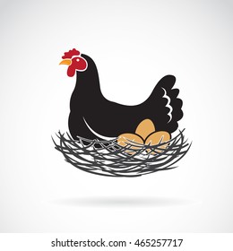 Vector of hen laying eggs in its nest on white background.