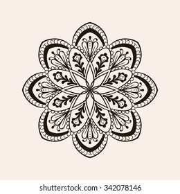 Vector henna ethnic mandala, boho tattoo design in doodle style. Ornamental tribal patterned illustration for adult anti stress coloring pages. Hand drawn zentangle sketch isolated on background.