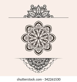 Vector henna ethnic mandala set, makhenda boho lace tattoo design in doodle style. Ornamental tribal patterned illustration for coloring page. Hand drawn zentangle sketch isolated on background.
