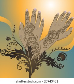 VECTOR Henna hands with floral / arabesque designs.