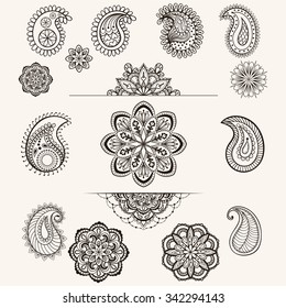 Vector henna mandala set, makhenda boho femine lace tattoo elements, design in ethnic doodle style. Ornamental tribal patterned illustration. Hand drawn zentangle sketch isolated on background.