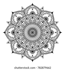 Vector henna mandalas style decoration, hand drawn round decorative ornament. Symbol Yin yang in circle of mandala. Fashion motif can be used to print on the phone, tattoo, for paper, textile, clothes