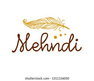 Vector henna mehndi feather logo. Traditional tattoo studio emblem. Indian, oriental style logotype. Asian ethnic design element, isolated on white background. Boho print