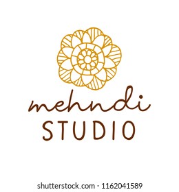Vector henna mehndi logo. Traditional mandala flower tattoo studio emblem. Indian, oriental style logotype. Floral asian ethnic design element, isolated on white background. Boho print