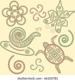 vector henna snail, butterfly and tortoise with ornamental element in oriental style