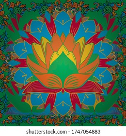 Vector Henna style. Seamless ornament print. Can be used for greeting business card background, coloring book, backdrop, textile. Border Indian floral Paisley patten. Ethnic Mandala towel.