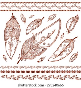 Vector henna tattoo feathers set