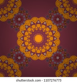 Vector Henna tattoo style. Brown, red and yellow Indian floral paisley medallion. Can be used for textile, greeting card, coloring book, phone case print. Ethnic Mandala seamless pattern.