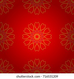 Vector Henna tattoo style. Can be used for textile, greeting card, coloring book, phone case print. Red, orange and yellow Indian floral paisley medallion. Ethnic Mandala seamless pattern.