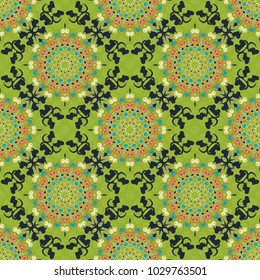 Vector Henna tattoo style. Ethnic Mandala seamless pattern. Can be used for textile, greeting card, coloring book, phone case print. Green, gray and yellow Indian floral paisley medallion.