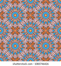 Vector Henna tattoo style. Ethnic Mandala seamless pattern. Can be used for textile, greeting card, coloring book, phone case print. Blue, orange and white Indian floral paisley medallion.
