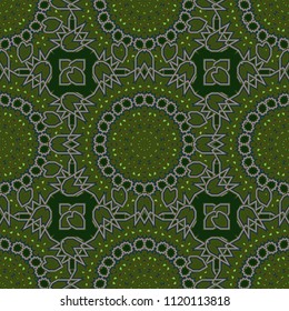 Vector Henna tattoo style. Ethnic Mandala seamless pattern. Green, gray and pink Indian floral paisley medallion. Can be used for textile, greeting card, coloring book, phone case print.