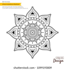 Vector Henna Tattoo style. Hand drawn background. Ethnic Mandala ornament, circular decorative element. Can be used for coloring book, greeting card, phone case print, etc.
