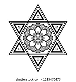 Vector henna tattoo style, hand drawn background. Ethnic mandala ornament, circular decorative element. Anti-stress therapy patterns, coloring for adults.