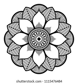 Vector henna tattoo style, hand drawn background. Ethnic mandala ornament, circular decorative element. Anti-stress therapy patterns, coloring for adults.