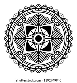 Vector Henna Tattoo style. Hand drawn background. Ethnic Mandala ornament, circular decorative element. Can be used for coloring book, greeting card, phone case print, etc. Vector illustration EPS10