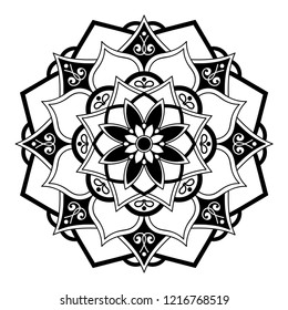 Vector Henna Tattoo style. Hand drawn background. Ethnic Mandala ornament, circular decorative element. Can be used for coloring book, greeting card, phone case print, etc. Vector illustration EPS10