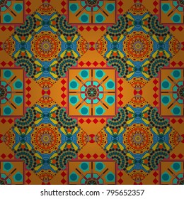 Vector Henna tattoo style. Pink, orange and blue Indian floral paisley medallion. Ethnic Mandala seamless pattern. Can be used for textile, greeting card, coloring book, phone case print.