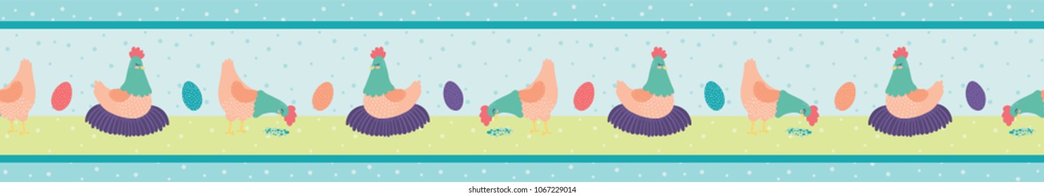 Vector Hens Farm Scene Seamless Border