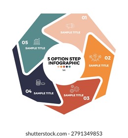 Vector heptagon infographic with 5 option sections for a visual presentation template or business report. Vector editable infographic