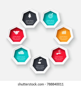 heptágono vectorial para infografía. Plantilla para diagrama de ciclo, gráfico, presentación y gráfico. Concepto de negocio con 7 opciones, piezas, pasos o procesos. Antecedentes abstractos.