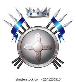 Vector heraldic Coat of arms with crossed spears, ribbon, knightly crown and shield. Medieval heraldry emblem or sign. Illustration isolated on white background