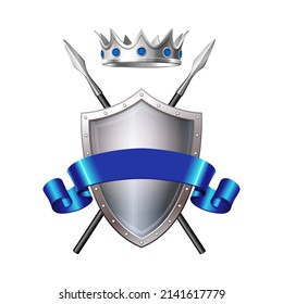 Vector heraldic Coat of arms with crossed spears, ribbon, knightly crown and shield. Medieval heraldry emblem or sign. Illustration isolated on white background