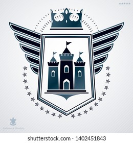 Vector heraldic coat of arms decorated in vintage award design.