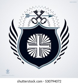 Vector heraldic coat of arms decorated in vintage award design.