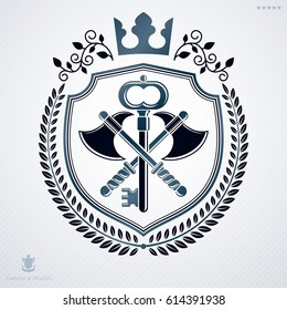 Vector heraldic coat of arms decorated in vintage award design.