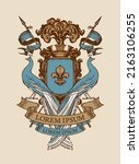 Vector heraldic Coat of arms with peacocks, crown, spears, ribbon and knightly shield with an lily sign. Hand-drawn illustration in vintage style. Medieval heraldry, emblem, sign, symbol