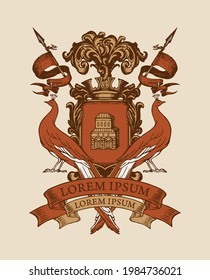 Vector heraldic Coat of arms with peacocks, crown, spears, ribbon and knightly shield with an old castle. Hand-drawn illustration in vintage style. Medieval heraldry, emblem, sign, symbol