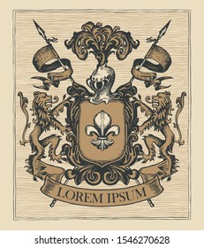 Vector heraldic Coat of arms in vintage style with shield, knightly armor, spears, helmet, lions, ribbon and fleur de lis. A medieval heraldry, emblem, sign, symbol. Old hand-drawn illustration.