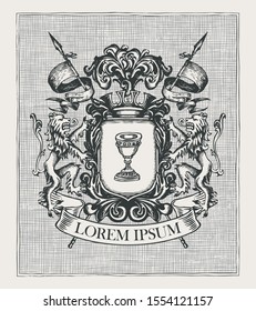 Vector heraldic Coat of arms in vintage style with knightly shield, spears, crown, lions, ribbon and Grail. A medieval heraldry, emblem, symbol. Old hand-drawn image or engraved illustration.