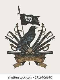 Vector heraldic Coat of arms in vintage style with black raven, pirate flag, sabers, swords, cannons and ribbon. Old hand-drawn image, heraldry, emblem, sign, symbol. Inscription Lorem ipsum.