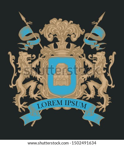 Vector heraldic Coat of arms in vintage style with knightly shield, armor, spears, crown, lions, ribbon and castle. Medieval heraldry . Hand-drawn color image on black background.