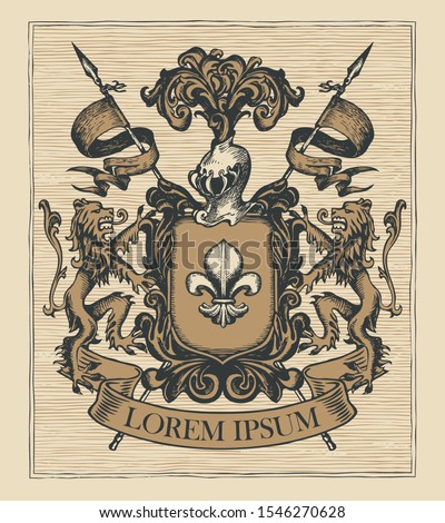 Vector heraldic Coat of arms in vintage style with shield, knightly armor, spears, helmet, lions, ribbon and fleur de lis. A medieval heraldry, emblem, sign, symbol. Old hand-drawn illustration.