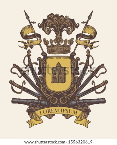 Vector heraldic Coat of arms in vintage style with knightly shield, crown, spears, sabers, swords, cannons, ribbon and castle. A medieval heraldry, royal emblem, sign, symbol. Old hand-drawn image.