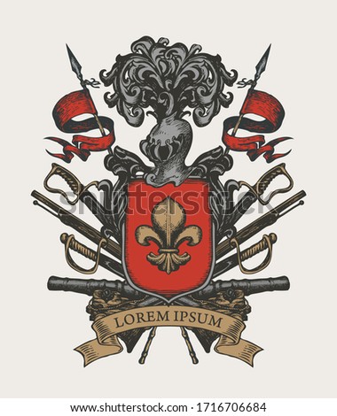 Vector heraldic Coat of arms in vintage style with knightly shield, helmet, spears, sabers, cannons, ribbon and and fleur de lis. A medieval heraldry, emblem, sign, symbol. Hand-drawn illustration