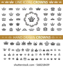 Vector heraldic elements design. A big set of black crowns. Hand drawn