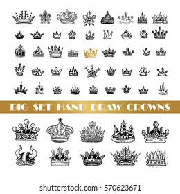 Vector heraldic elements design. A big set of black crowns. Hand drawn