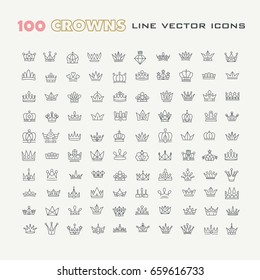 Vector heraldic elements design. A big set of black crowns. Hand drawn. Line icon