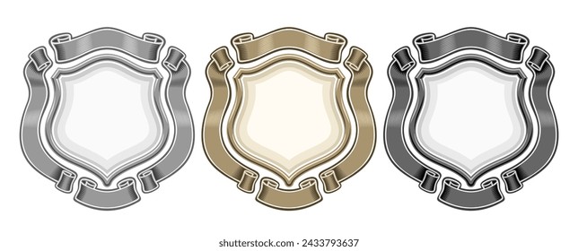 Vector Heraldic Emblems Set, collection of 3 isolated illustrations heraldry emblems with copy space, group of decorative various vintage emblem layouts with ribbons for title text on white background