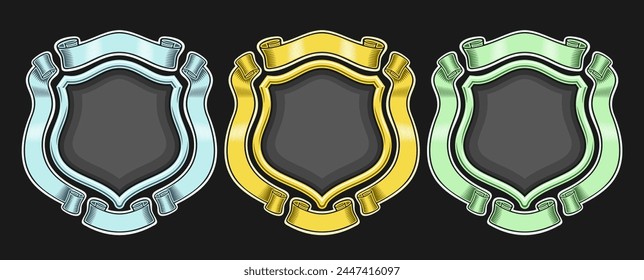 Vector Heraldic Emblems Set, collection of 3 isolated illustrations heraldry emblems with copyspace, group of decorative variety monochrome emblem layouts with ribbon for title text on dark background